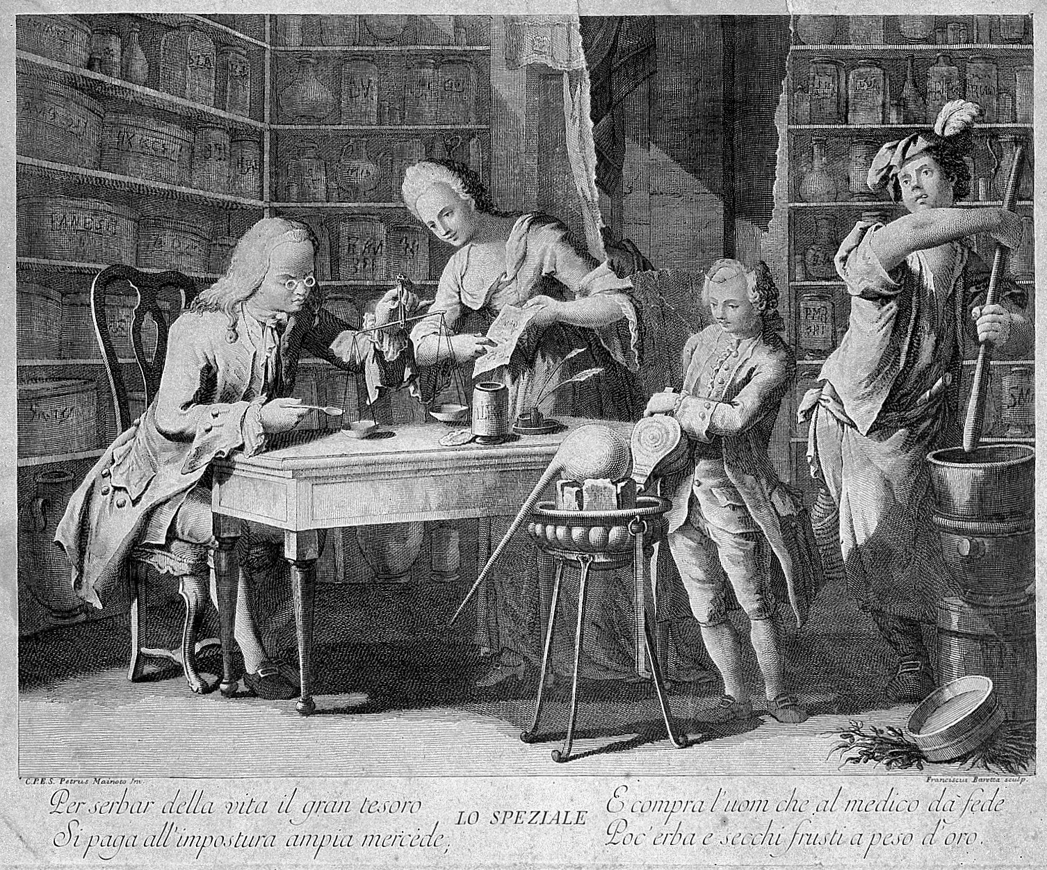 Apothecary making up a prescription using scales. Wife holds recipe; two assistants working with bellows, pestle, mortar.